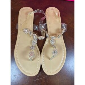 ShoeDazzle Celine Clear Rhinestone T-Strap Flat Sandals Womens 9.5 Beige Gold